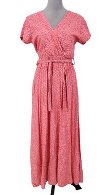 JB Fashion Dress Womens Small Pink Ditzy Floral Belted Maxi Italy Faux Wrap New